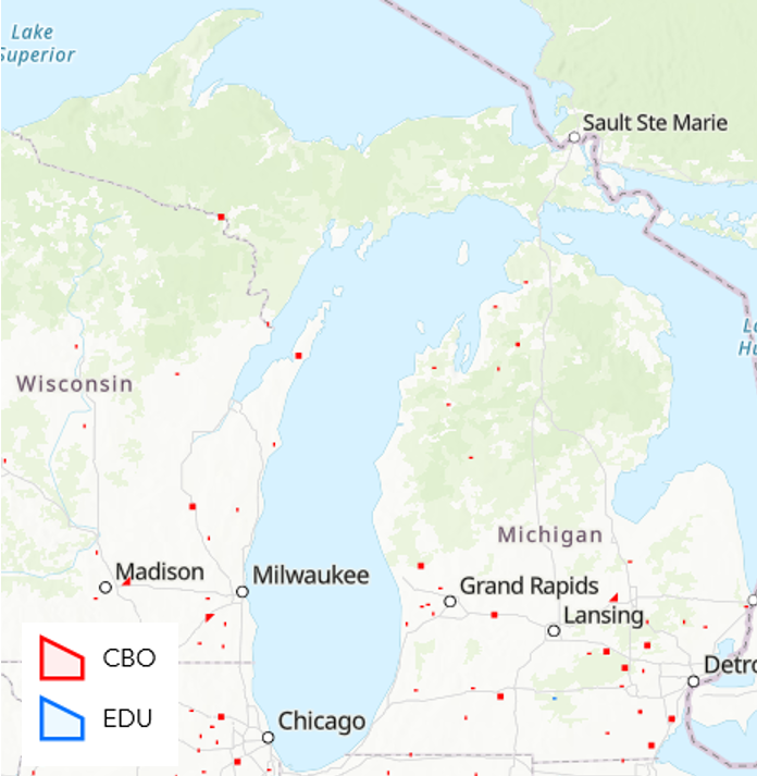 Map of Michigan and part of Wisconsin with red spots showing where CBOs are.